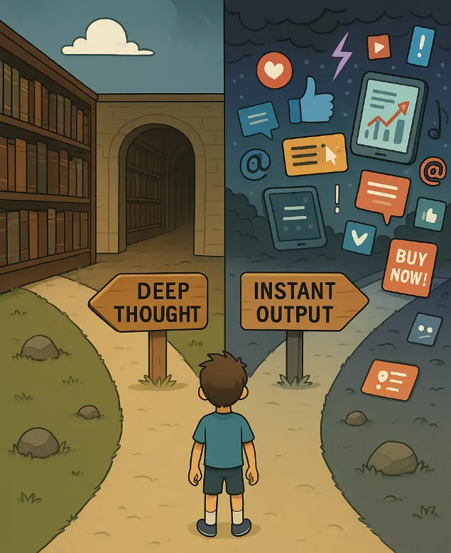 a ChatGPT generated image showing two pathways, the good side being books, the bad side being smartphones, instant gratification